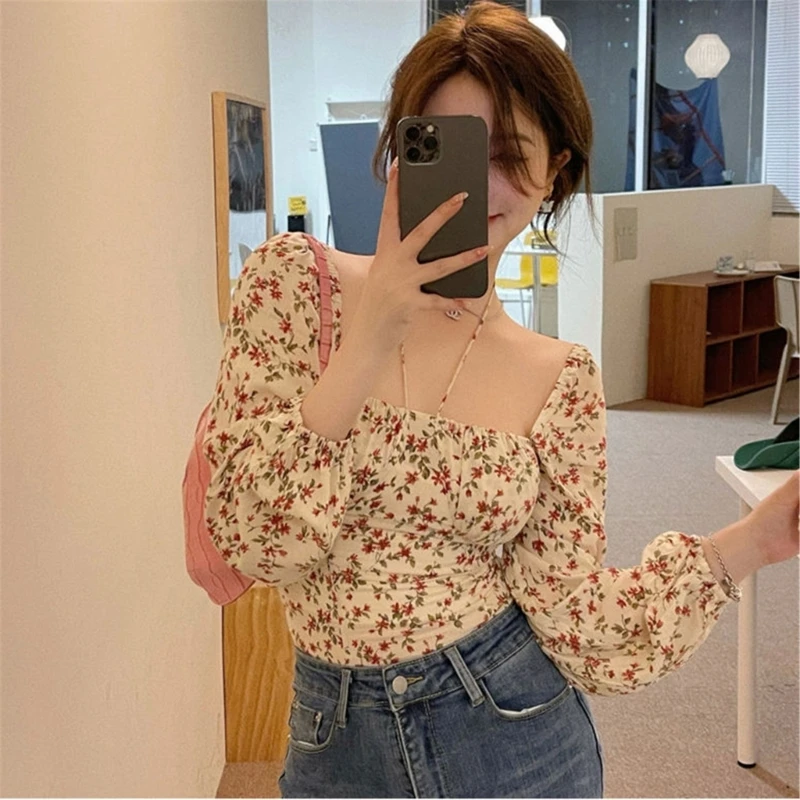 Women\'s Floral Tie Front Crop Tops Square Neck Puff Long Sleeve T Shirt Blouse