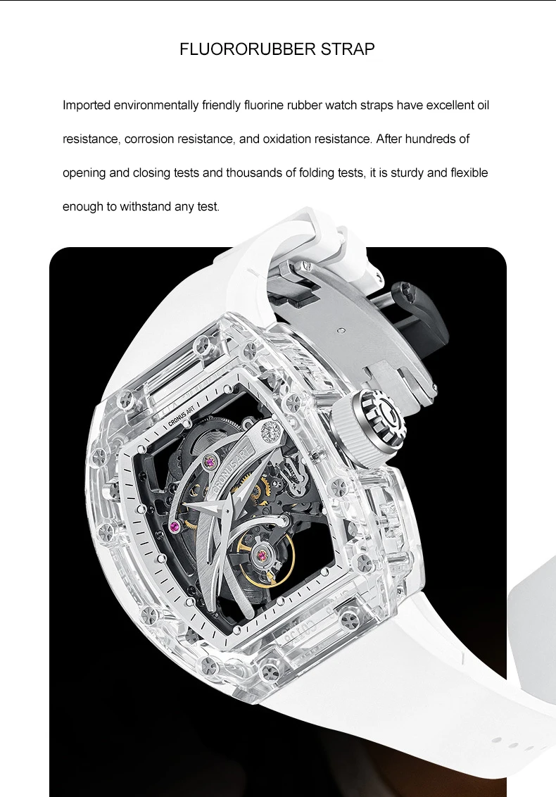 CRONUSART Men Automatic Watch 50mmTonneau Mechanical Wristwatch Sapphire Case Luminous Fluororubber Strap Skeleton Blade Dial