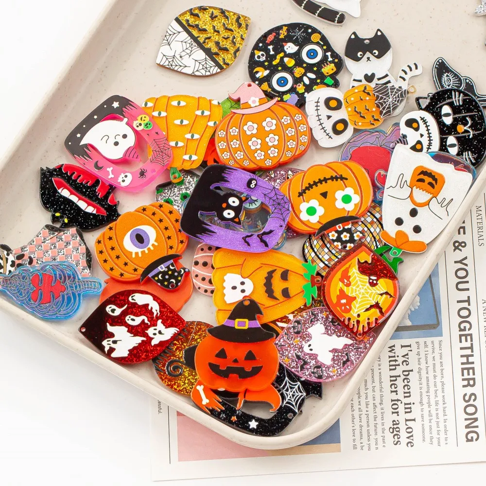 5pcs Halloween Spooky Charms Cute Ghost Pumpkin Acrylic Print Pendant For DIY Earring Necklace Bracelet Jewelry Making Supplies