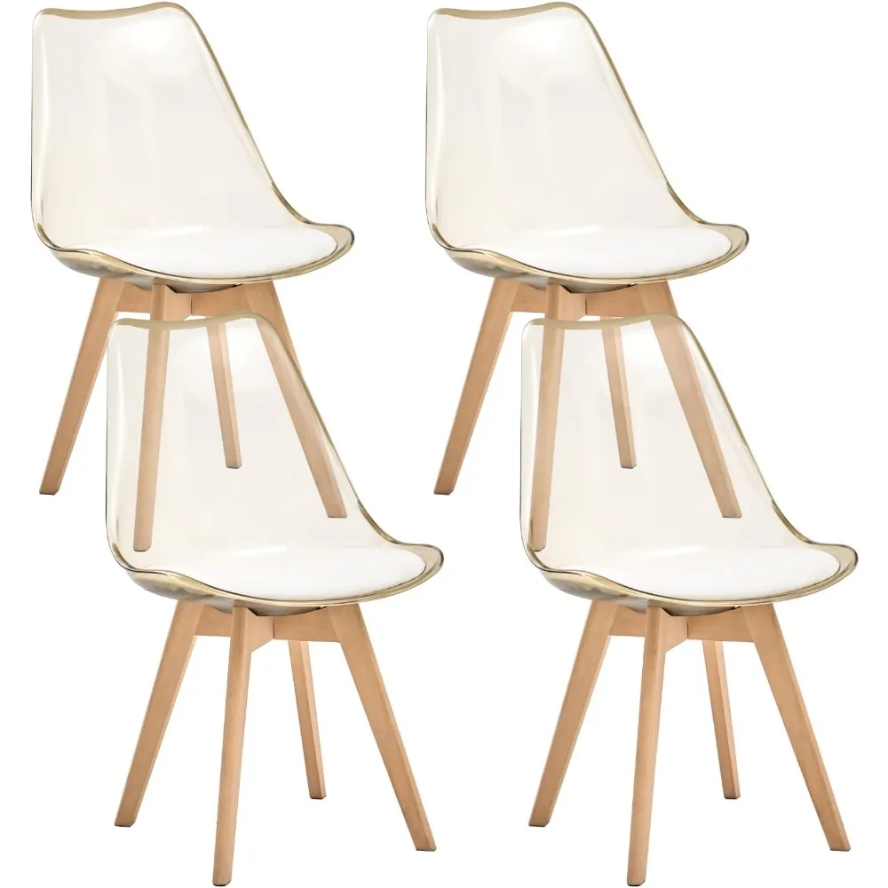 Juego de 4 sillas de comedor, sillas de cocina modernas de acrílico transparente de mediados de siglo con acolchado suave y patas de madera para cena, sala de estar y espera