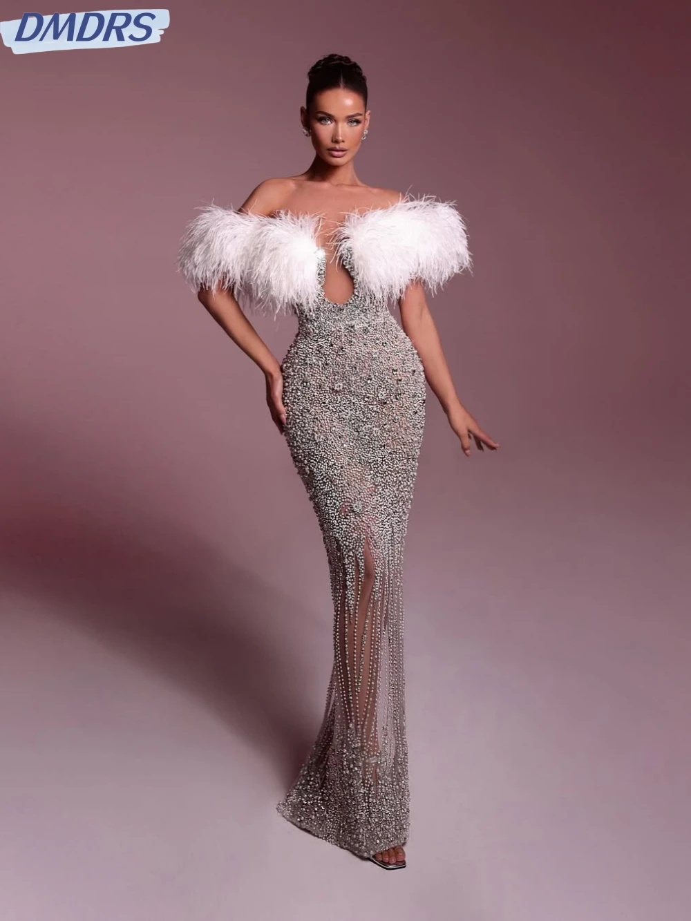 

Luxury Feathers Beaded Evening Dress Sexy Illusion Sheath Long Wedding Party Gowns Customized Off The Shoulder Cocktail Gown