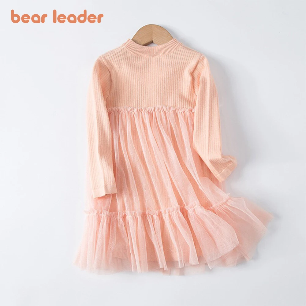 Bear Leader Girls\' Dress 2023 Autumn New Girls\' Round Neck Knitted Long Sleeve Mesh Splice Dress Children\'s Fashion Clothing