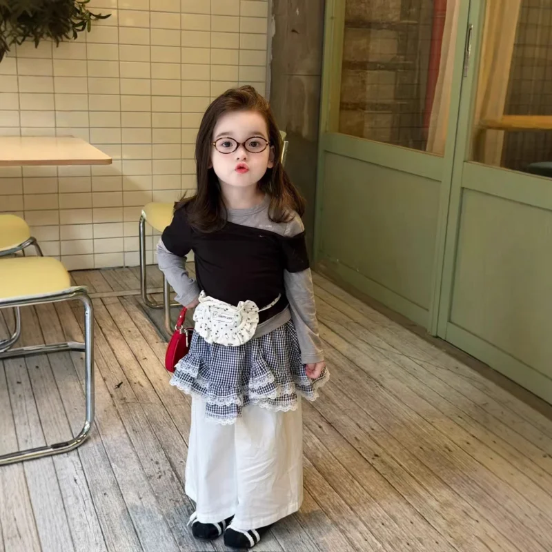 

Girls Suit2026Spring new children's Korean-style color-block layered long-sleeve top and baby plaid ruffle pants