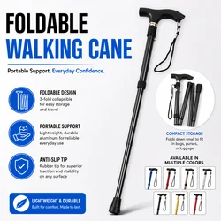 Foldable Walking Cane Adjustable Lightweight Aluminum Travel Cane T Handle Anti Slip Rubber Tip Portable Stick Senior Travel Aid