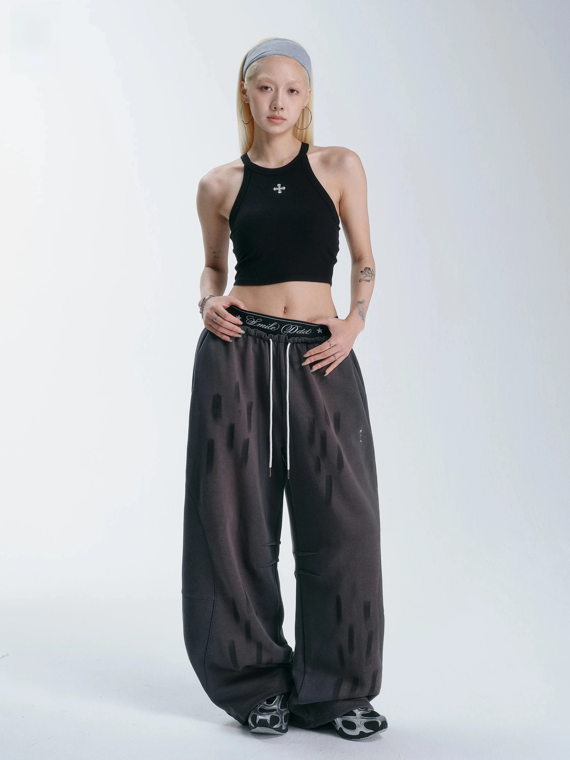 Smile Ddd Women's Jazz Dance High Waist Painted Pants Hand Rubbed Street Style Asymmetric Loose Fit Cotton Blend Trousers