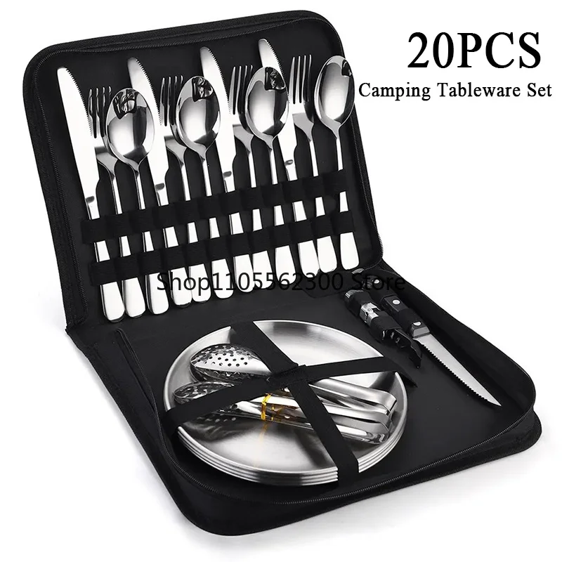 20PCS Camping Tableware Set Portable Cutlery Kit Stainless Steel Picnic Gold Disc Steak Knifes Forks Spoon Set with Bag