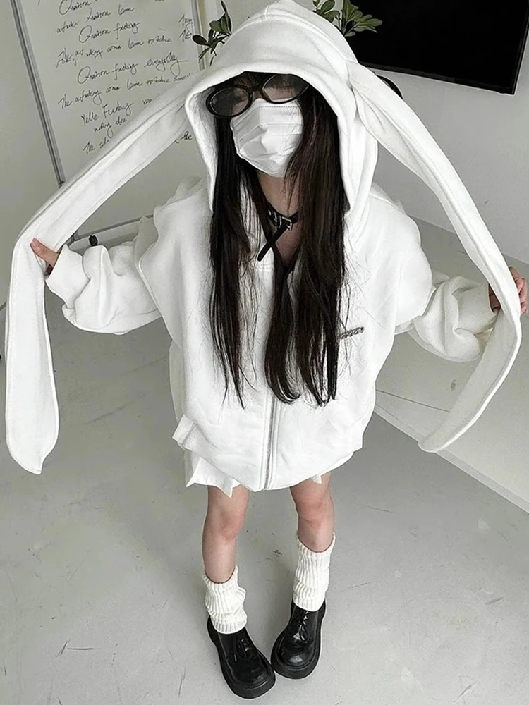 Black White Kawaii Loose Sweatshirts Harajuku Gothic Rabbit Ear Hoodies Zipper Coats Women\'s Autumn Fashion Streetwear Outerwear