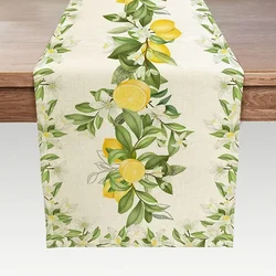 Spring Summer Lemon Flower Leaves Linen Table Runner Dresser Scarf Decor Seasonal Floral Plant Table Runners Holiday Party Decor
