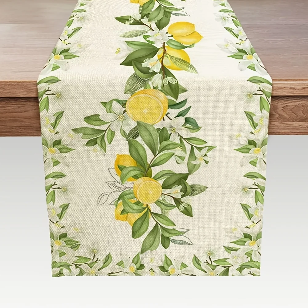 Spring Summer Lemon Flower Leaves Linen Table Runner Dresser Scarf Decor Seasonal Floral Plant Table Runners Holiday Party Decor