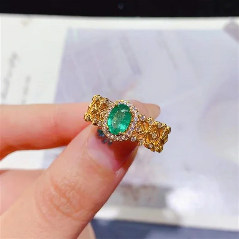 925 Sterling Silver Natural Emerald Wedding Ring for Women Yellow Gold Christmas Gift Birthday Anniversary with Certificate 3