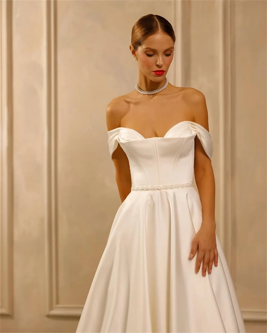 

Customized Sweetheart Cap Sleeve Satin Wedding Gown A-Line Backless Lace Up Corset Bridal Gown vestidos de novia Evening Gowns