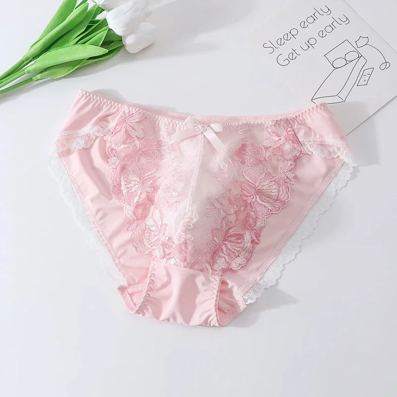 High Quality Man Lace Floral Embroidery Pink Panty Briefs Live Show Dance Costumes DJ CLub Bar BF Gifts Harajuku