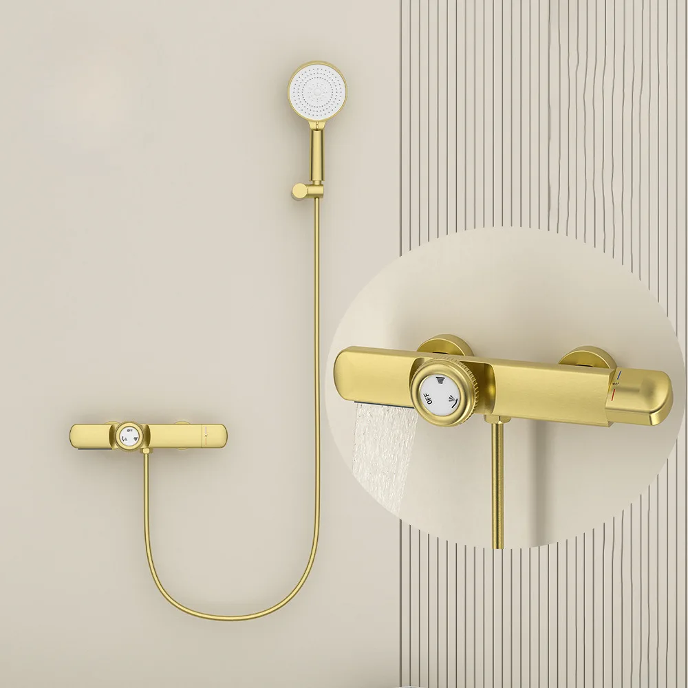 Hotel Engineering All Copper Brushed Gold Thermostatic Bathtub With Two Levels Of Water Outlet, Bathroom Shower Faucet Set