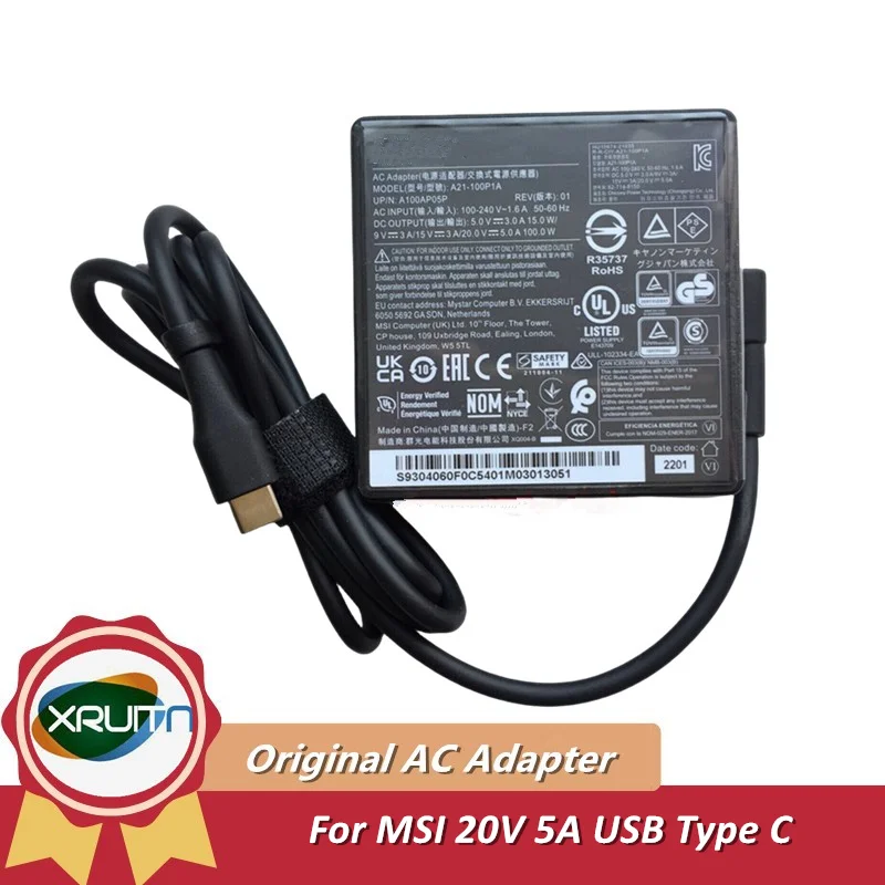 OEM asli untuk MSI 100W 20V 5A USB-C Tipe C AC adaptor pengisi daya untuk MSI Prestige 15 A12UD-005 A21-100P1A catu daya A100AP05P