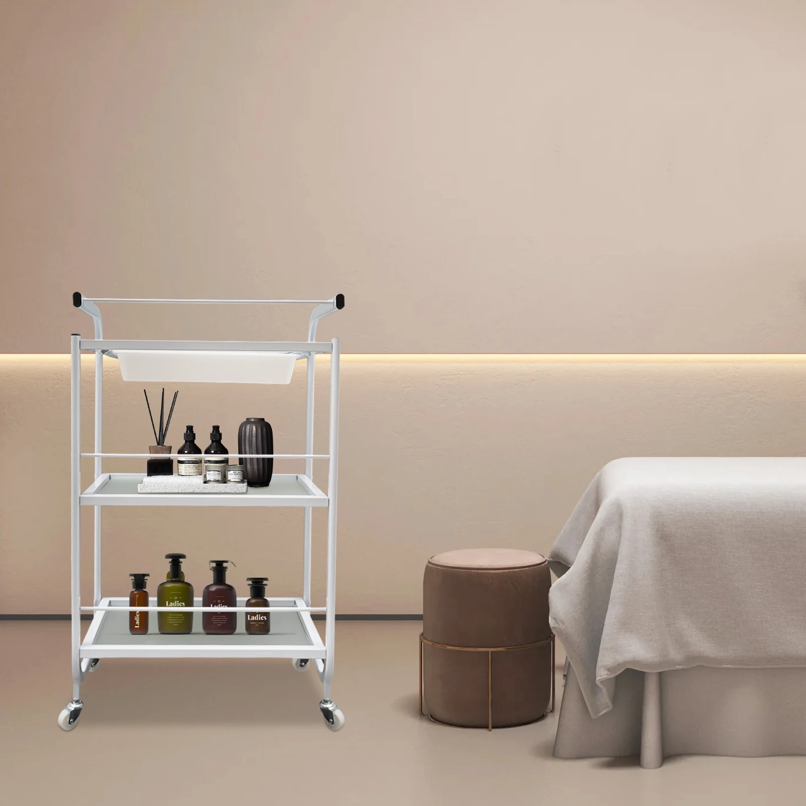 Carrinho de armazenamento de 3 camadas com gaveta e rodas Carrinho utilitário móvel Carrinho organizador de unidade de estantes de ferro branco