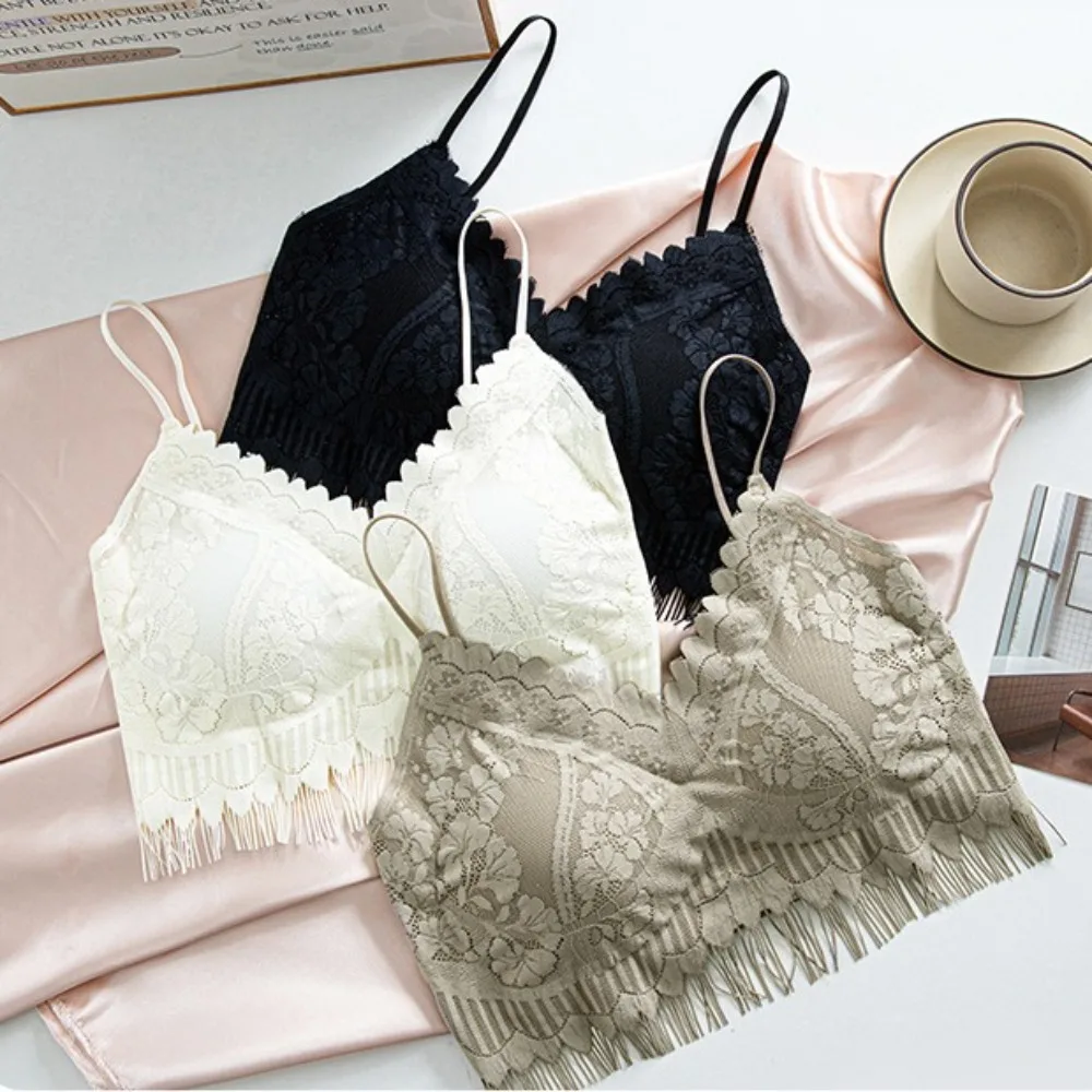 

No Trace Flower Wireless Deep V Bra Tassel Shockproof Push Up Brassiere Anti-sagging Close-fitting Underwear Women Gifts