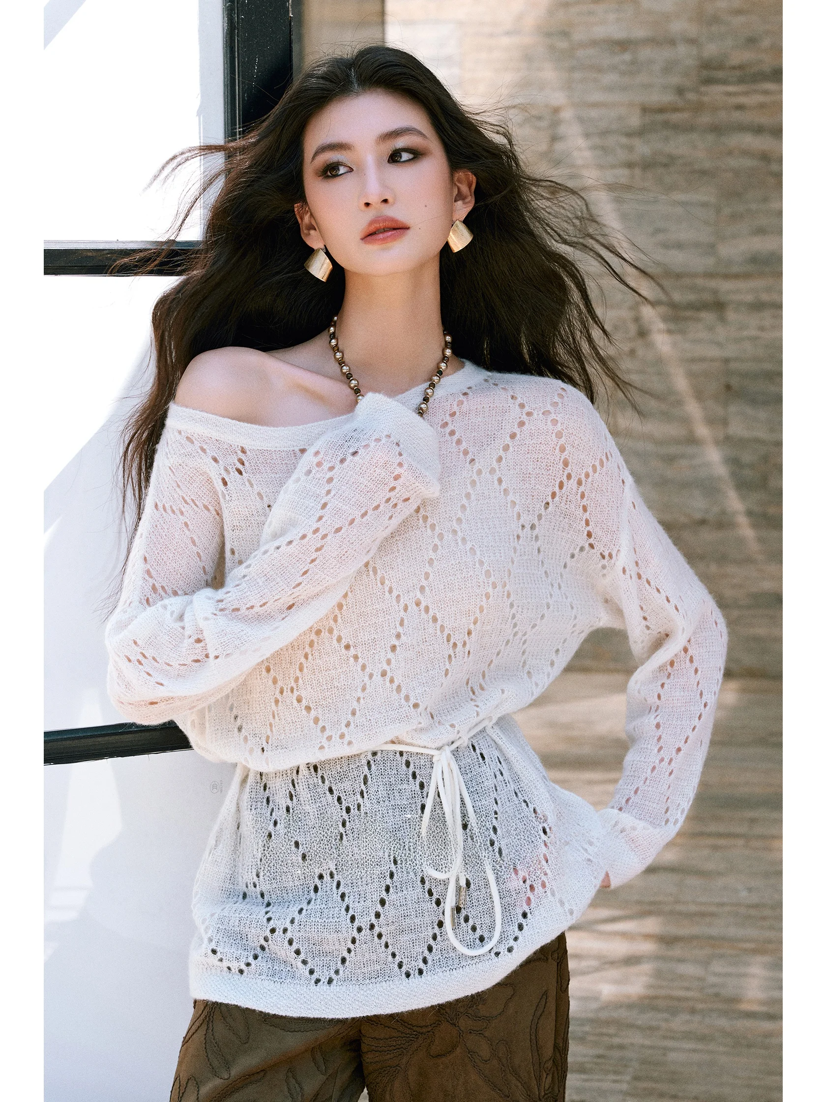 

WANGXO Cloud Soft Alpaca Wool Diamond Knit Waist Cinched One oulder Lazy Loose Knitwear Casual Sle Long Sve mid Length