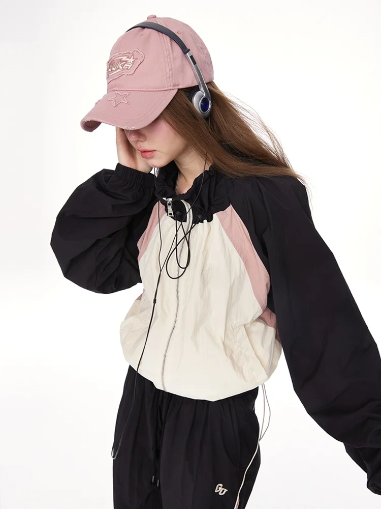 Guukahero Women's Outdoor Sports Jacket Loose Fit Zipper Closure Splice Design High Collar Autumn Season Nylon Fabric