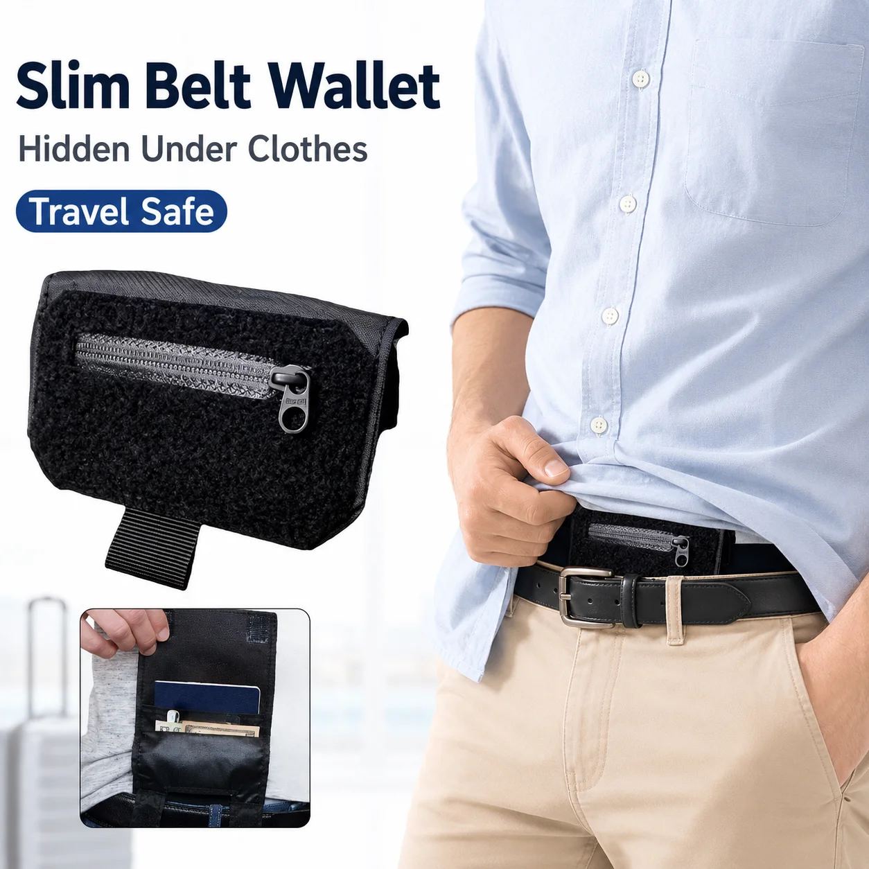 Portefeuille de ceinture dissimulé ultra-mince, mini pochette de taille en tissu durable résistant aux déchirures, organisateur pour cartes, argent liquide, voyages, foule, trajets quotidiens