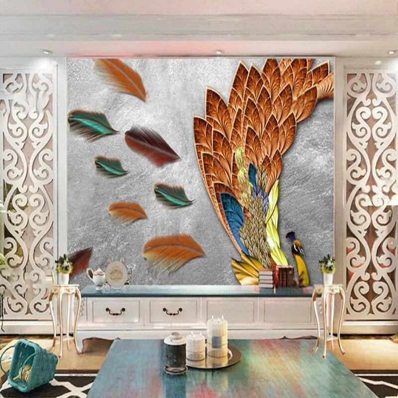 

Modern Nordic minimalist and elegant peacock spreading its tail feather TV luxurious home bedroom sofa background wall painting