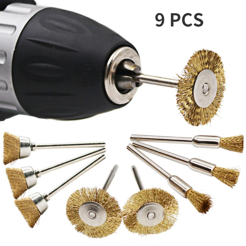 9Pcs/set Steel Wire Brass Mini Brush Rotary Tool for Dremel Drill Polishing Grinding Wheel T-shaped Small Brush Accessories