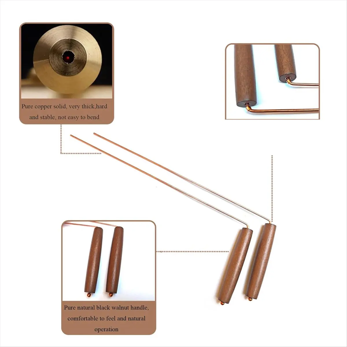 Reliable- 2 PCS Copper Dowsing Rods Kit - Natural Walnut Wooden Handles Divining Rods -Detect Water Spirit , for Gold,Paranormal