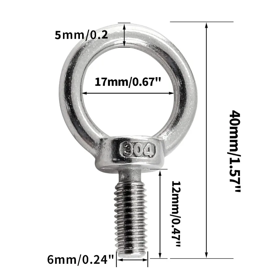 12 szt. Śruby oczkowe M6 ze stali nierdzewnej 304 z gwintem zewnętrznym, śruby oczkowe z pierścieniem, wytrzymałe