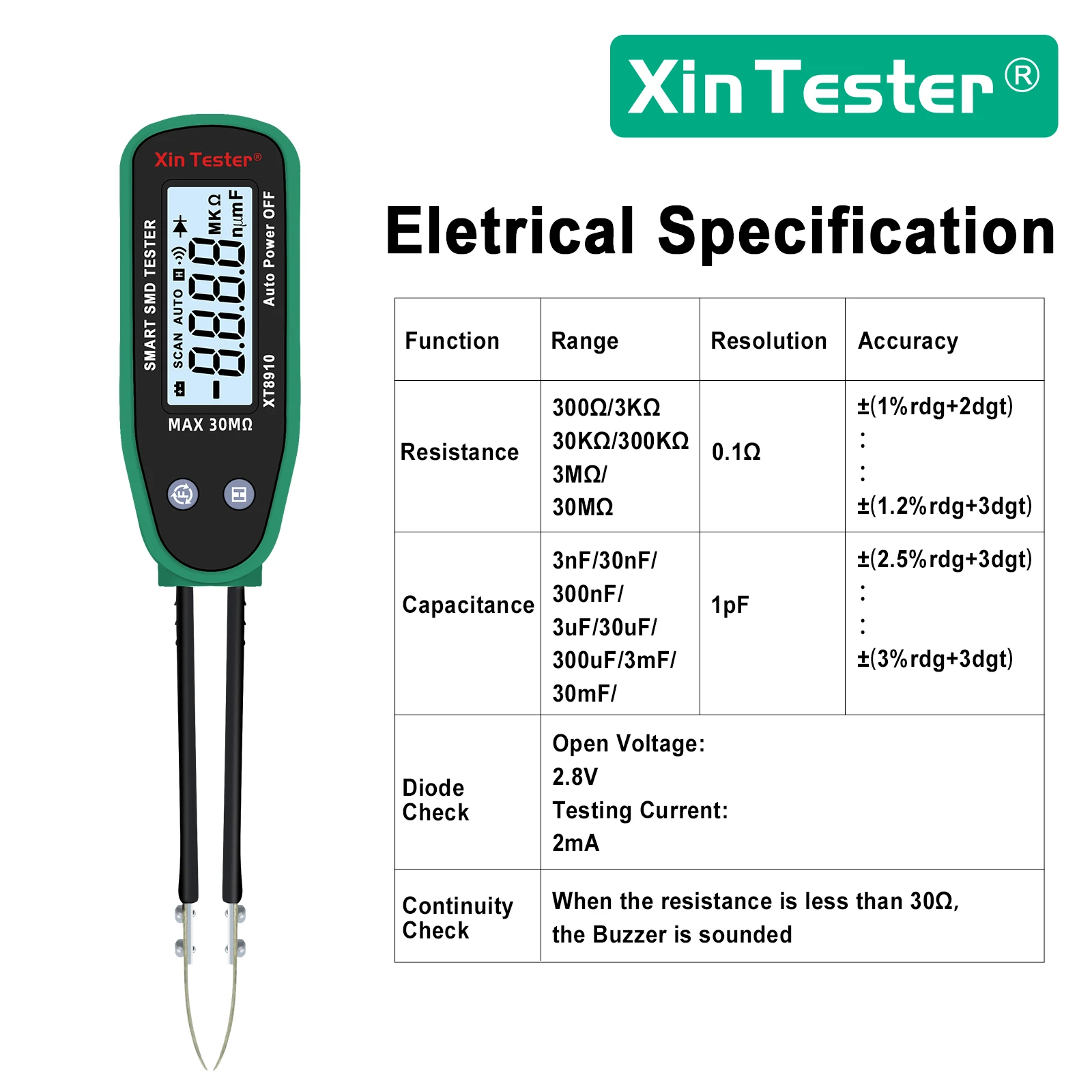 Xin Tester Smart SMD Tester XT8910 Auto Scan Tweezer Diode Multimeter Resistor Capacitor Tester Continuity Checking Function