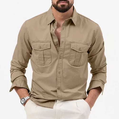 Imagen 2 del producto Nuevas camisas para hombre, blusa informal de manga larga para primavera y verano, trabajo Retro, blusa informal ajustada con múltiples bolsillos para negocios sociales, camisa de Color sólido