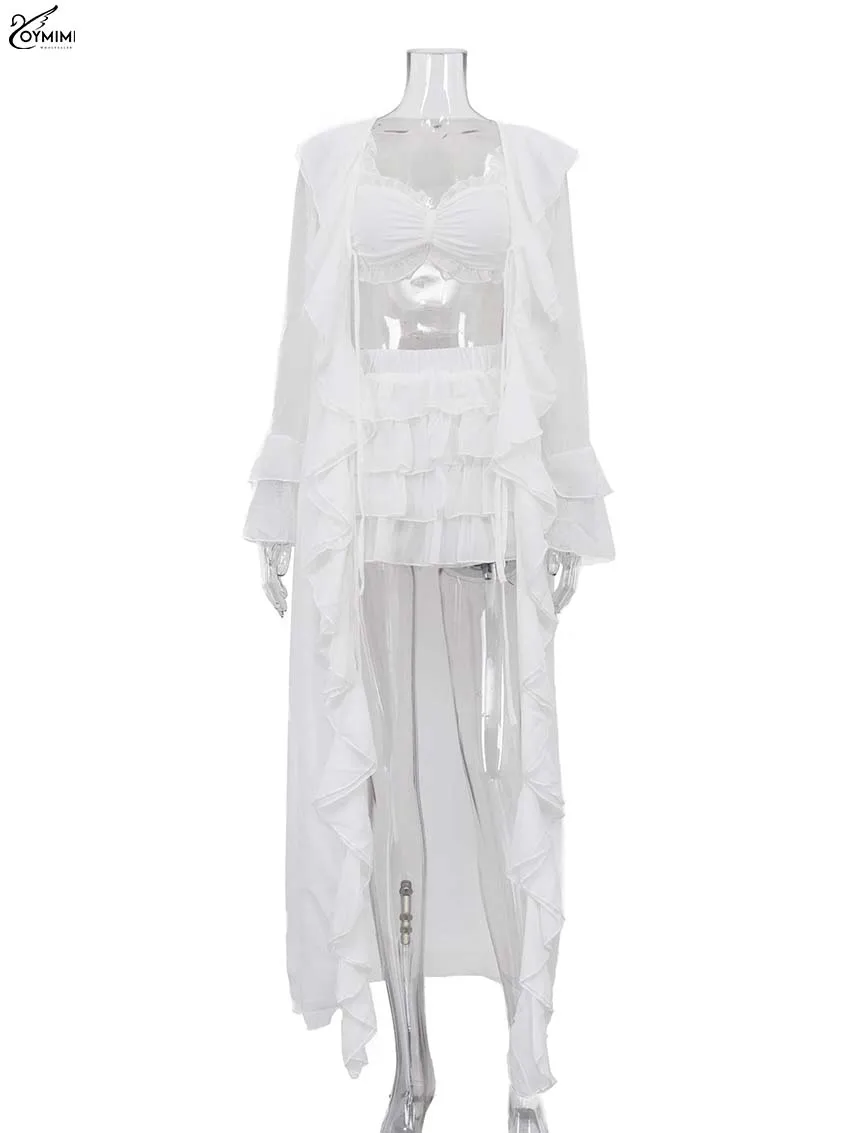Oymimi Fashion Blue Three Piece Outfits Woman Summer Long Sleeve Floor-Length Tops And Lace Bra And Pleated Mini Skirts Sets image 5