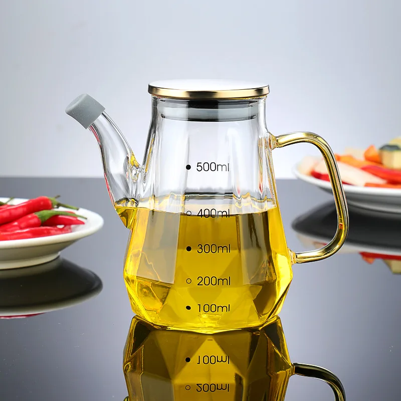 500/700/900ML Kitchen Glass Oil Pot Household Diamond Shape Dual-purpose Condiment Bottle Liquid Soy Sauce Bottle Oil Pot