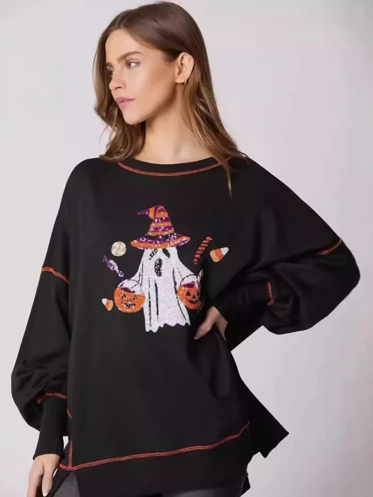 

2025 Halloween Graphic Print Sweatshirt Pullover Women's Pumpkins Ghost Loose Casual Sweater Oversized Halloween Tops Streetwear