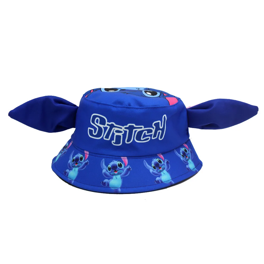 Niedlicher blauer Eimerhut mit Stichmuster für Kinder, leichter Sonnenhut mit rosa großen Ohren, Cartoon-Outdoor-Fischermütze für Jungen und Mädchen