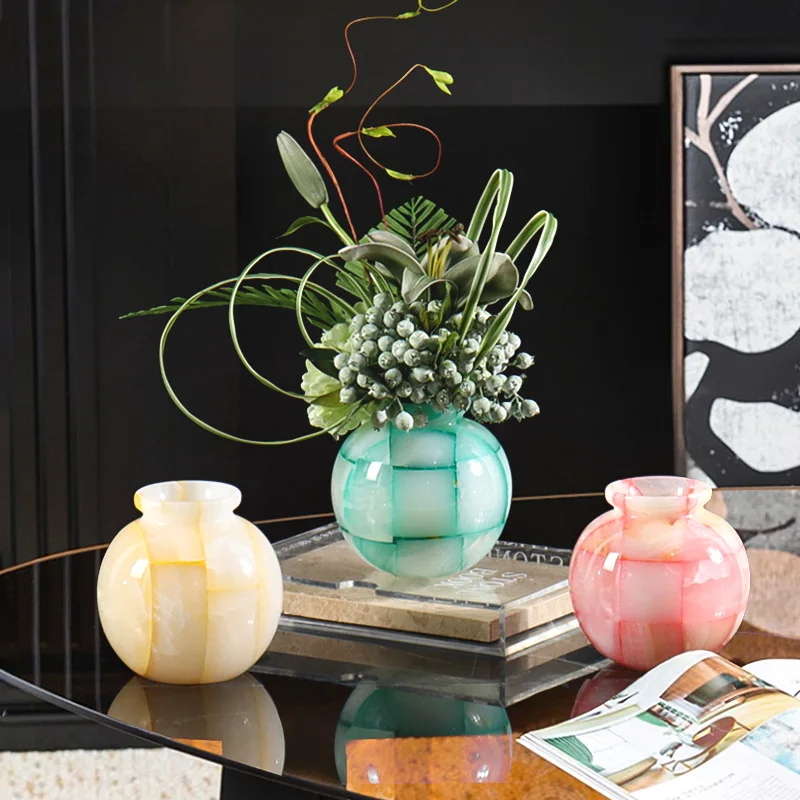 Modern light luxury dopamine lattice jade flower ware, high-end big belly flower ware, living room decorative art ornament