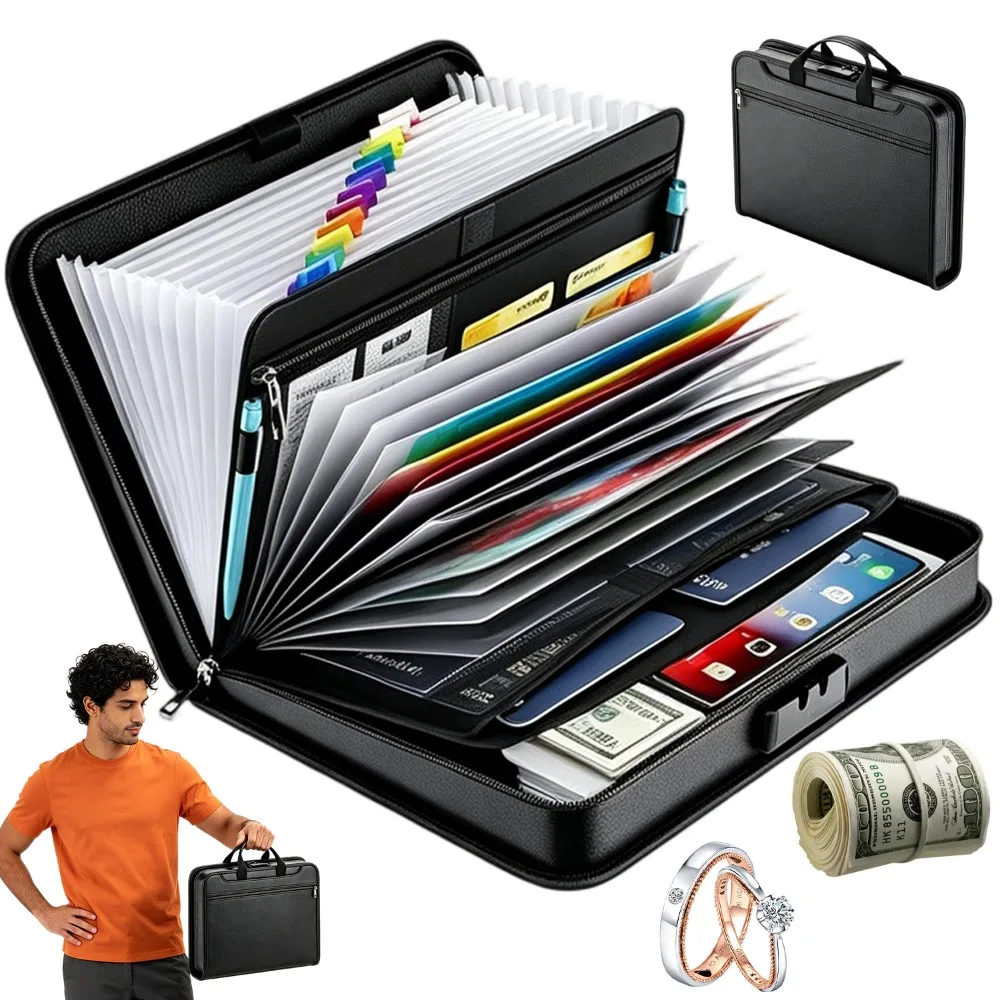 Boîte de rangement pour documents en accordéon avec serrure, sac de classement ignifuge A4 sécurisé, organisateur de documents portable avec poignée de transport pour papiers importants à la maison, au bureau et en voyage.