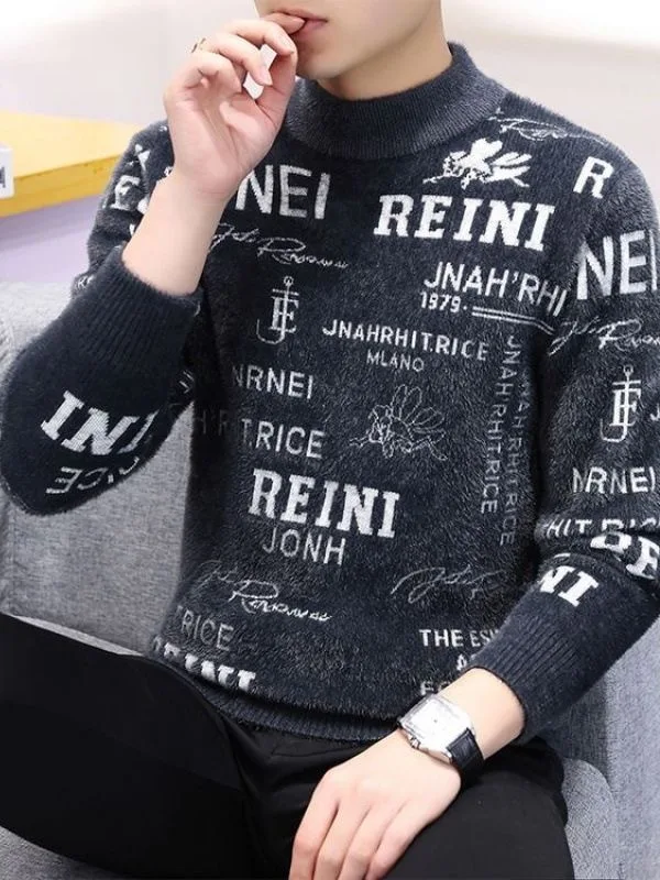 

Мужской утепленный свитер Slim Fit с высоким воротником, осенне-зимний, из теплой шерсти и искусственного меха норки, вязаный топ, молодежный модный стиль