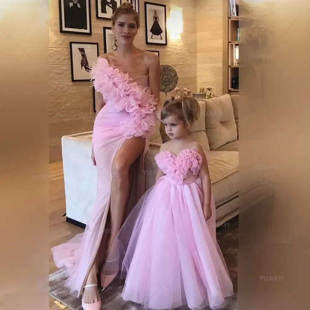 Pink Prom Dress Mãe Slim Fit Tulle Dresses Meninas Dress PhotoShoot Mãe e Filha Birthday Party Evening Gown