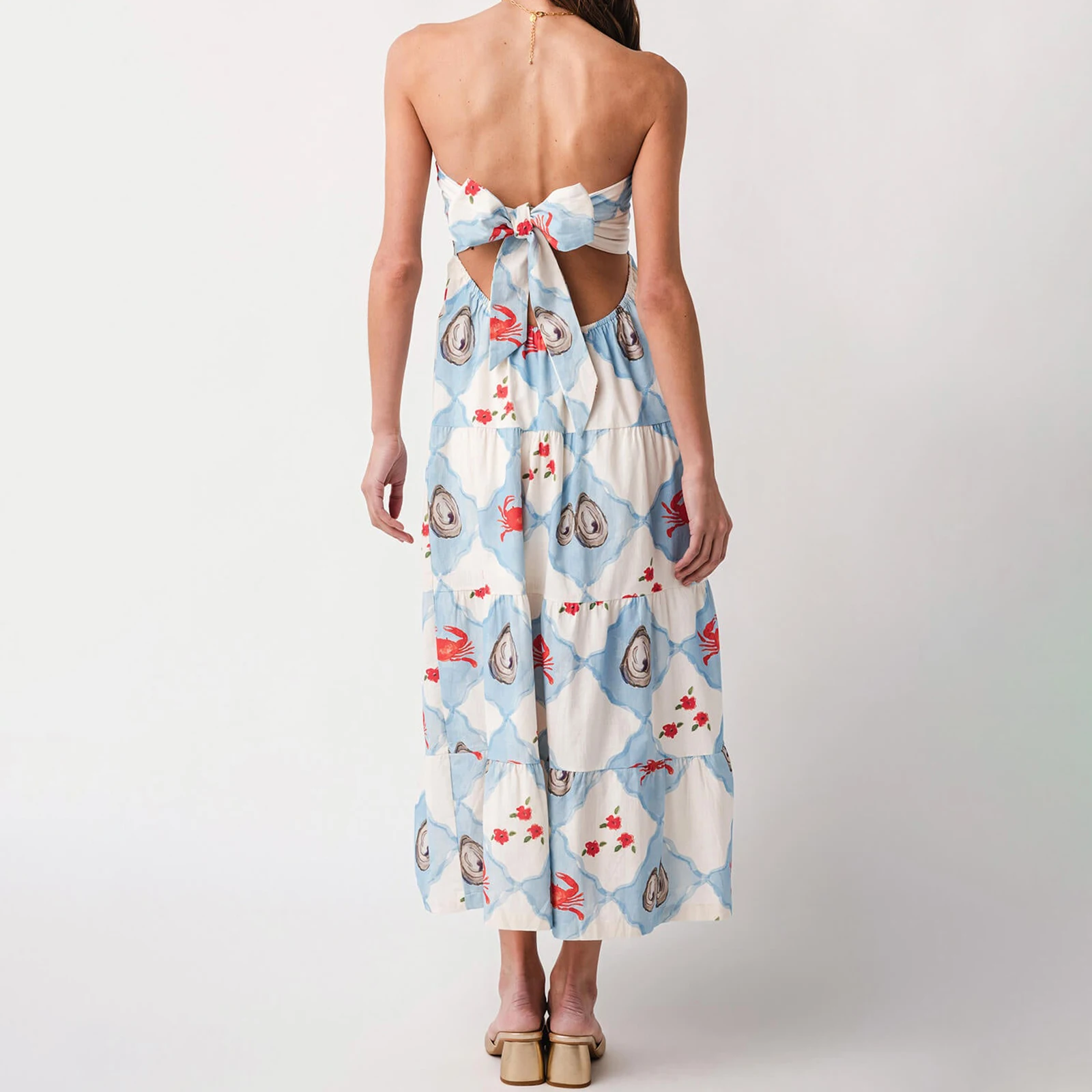 ผู้หญิงฤดูร้อนสไตล์ชายหาดแขนกุด Vestidos ชุดดอกไม้กุ้งก้ามกรามพิมพ์กลับ Bowknot Strapless Flowy ชุดยาว