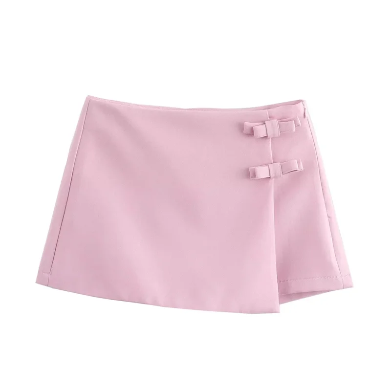 TRAF 2024 Pink White Mini Skirt Woman Fashion Bow Skort For Women Summer Slit Short Skirt Woman Split High Waist Skirt Shorts