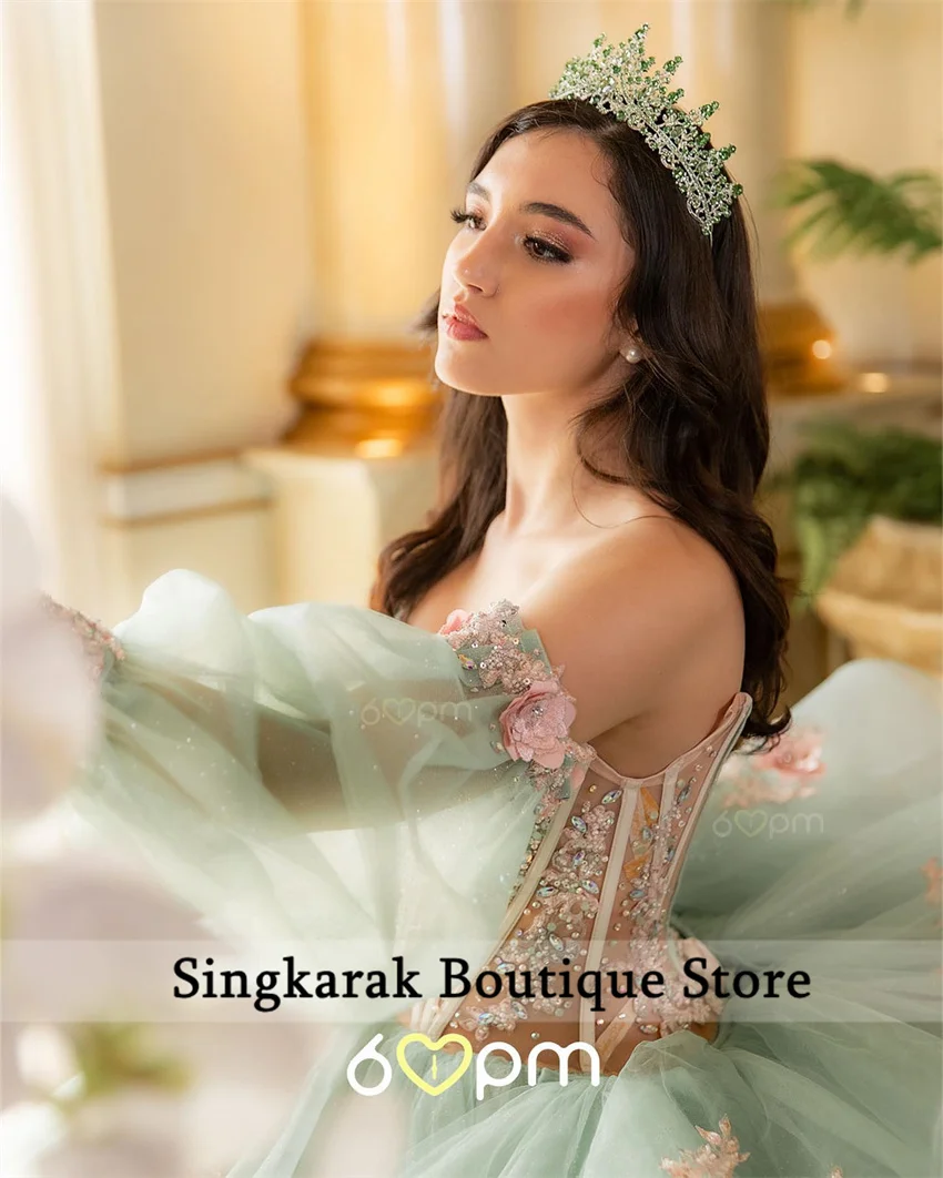 Elegante groene Sweet 16 Quinceanera jurk gezwollen mouwen kralen kristallen bloem kant applicaties vestidos de 15 años korset aanpassen