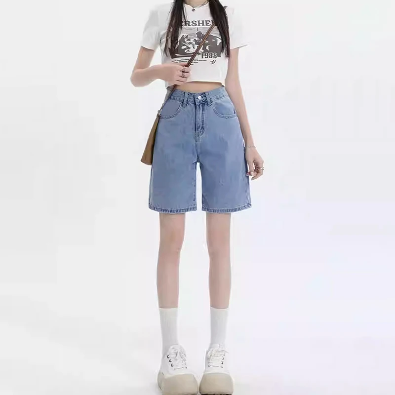 

Женские джинсовые брюки с высокой талией и широкими штанинами в пять дюймов, свободные брюки прямого кроя, студенческие 5-точечные средние брюки в стиле ретро