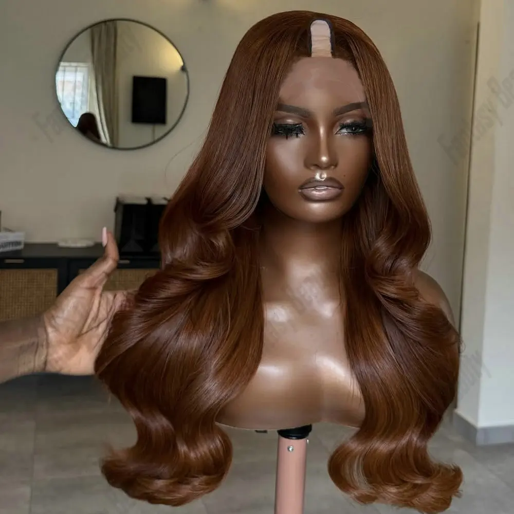 

Glueless Ginger Copper Brown Natural Wavy 100% Remy Human Hair 1x4 Size U Part Wigs for Women Glueless Adjustable V Part Wigs