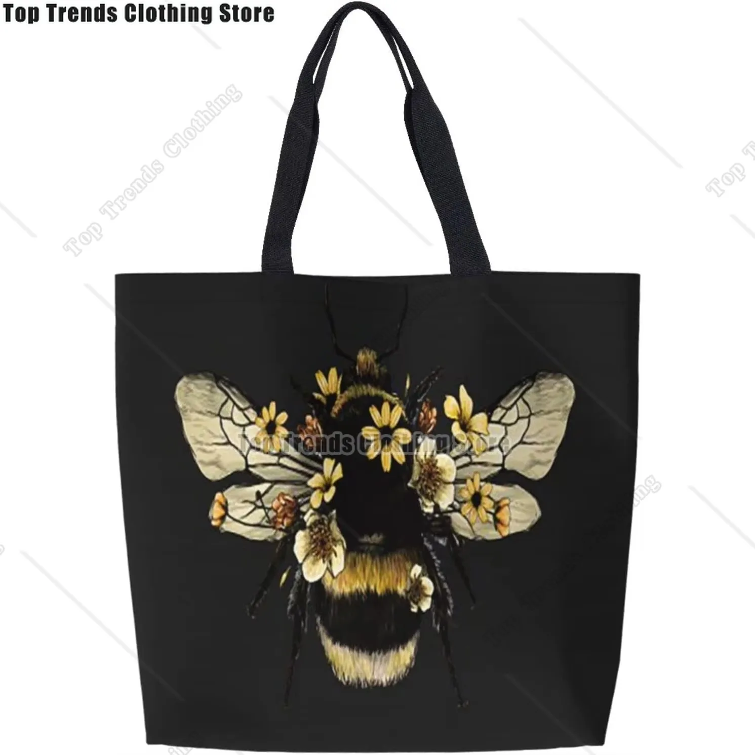 

Bee Black Reusable Grocery Bags Tote Bag for Women Casual Shoulder Bag Foldable Large Shopping Bag