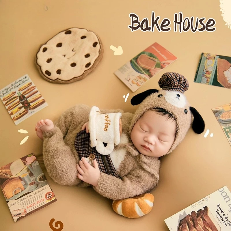 Newborn Photography Props Cute Knitted Bear Outfit with Backdrop Mini Decors Accessories for Baking Theme Set Studio Photoshoot