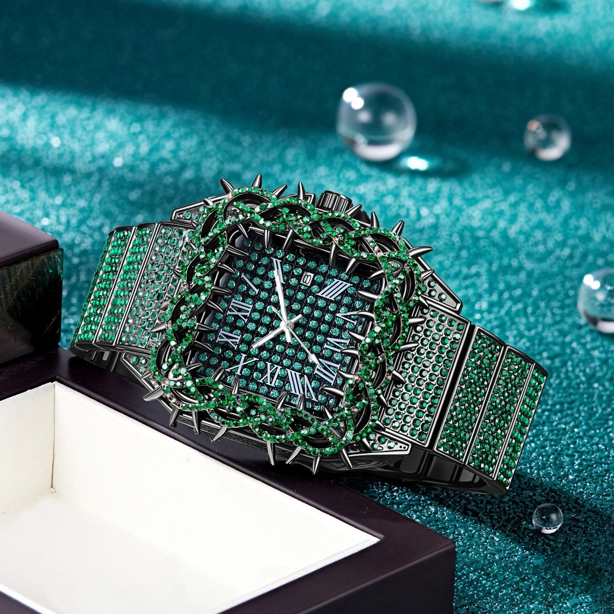 Hot Fashion Full Diamond Thorn Case Quartz Watch Men Brand Hip Hop Iced Out Bling Square Jewelry Wristwatch for Man Dropshipping