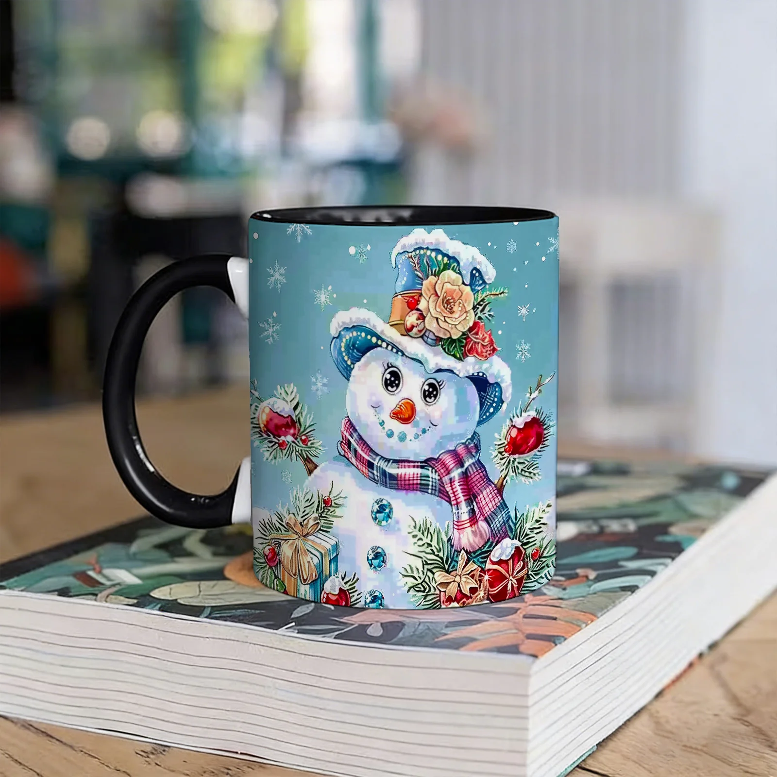 1pc Snowman Pattern Ceramic Coffee Mug with Double-Sided Pattern Design, Reusable, Easy to Hand Wash, 11 Oz Stylish Cup for Home Decor, Office Water Cup, Christmas Gift for Friends