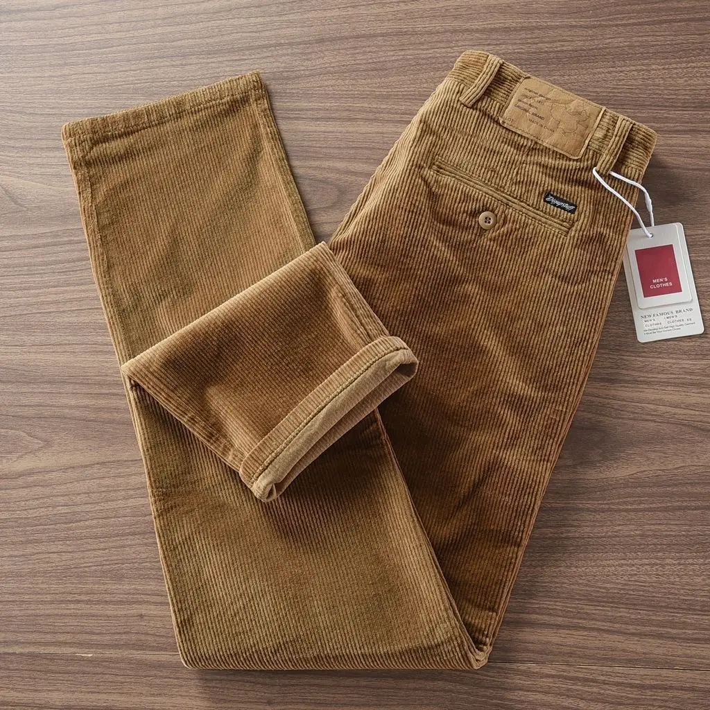 2026 Autumn Winter Corduroy Men's Pants Warm Slim-fit Straight Casual Pants Men's Trendy Pure Cotton Striped Down Tooling Pants