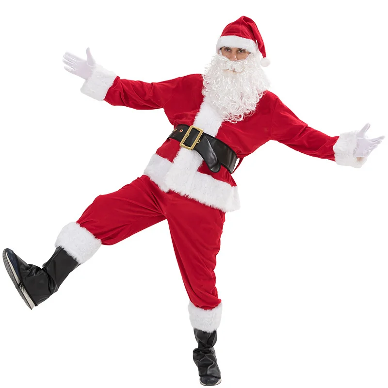 Costume de cosplay du père Noël pour adultes, tenue habillée d'invitation de Noël, imbibé de chapeau, olympiques de cosplay pour hommes, 7 pièces