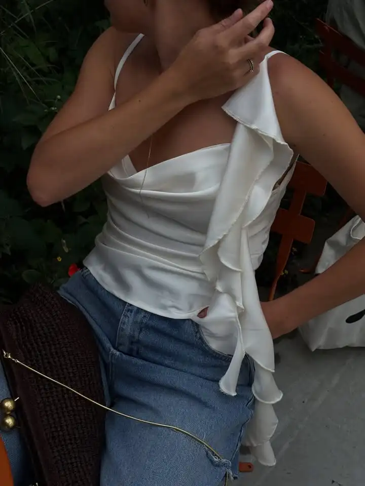 Sexy White Satin Draped Cami Top Women Asymmetrical Waterfall Ruffle Thin Strap Chic Cropped Elegant Commute Date Tank