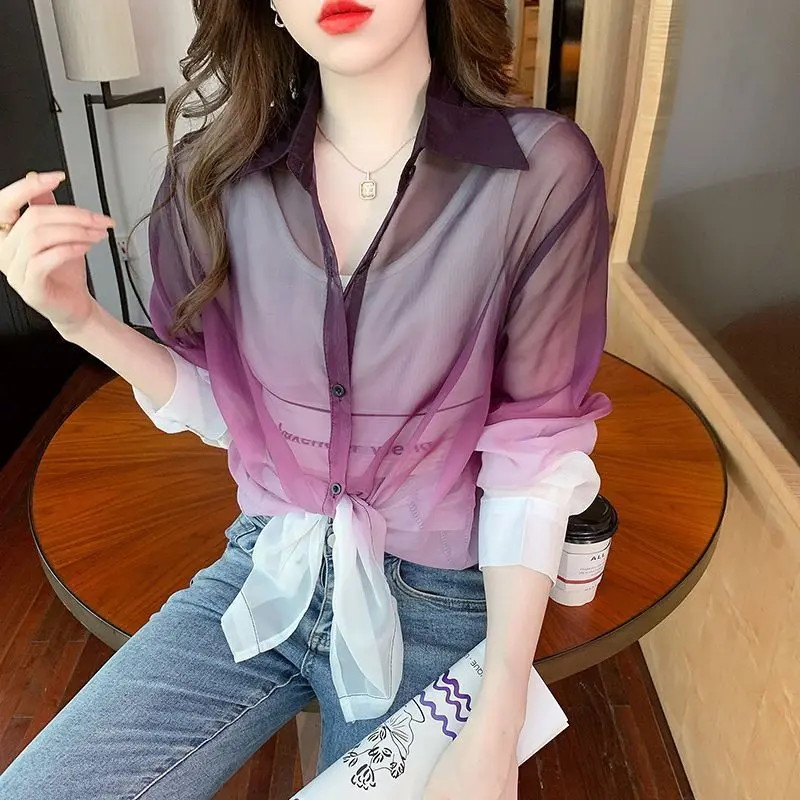 Women Sexy See Through Tie Dye Gradient Shirts Summer Trendy Harajuku Long Sleeve Loose Blouses Streetwear Club Tops Y2K Blusas